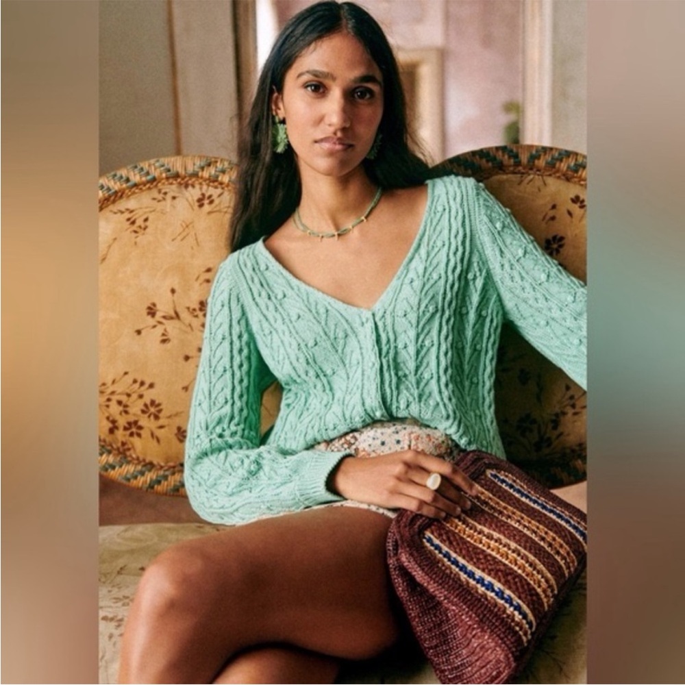 Sezane Mint Green Cable Knit V-Neck Cardigan